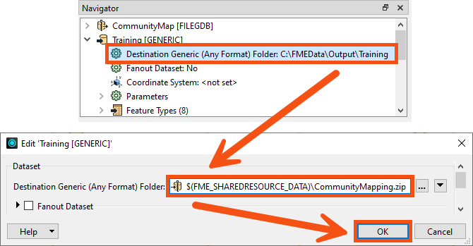 Setting the destination path to use an FME Flow parameter